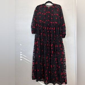 ZARA Oversizec Embroidery Long SleeveMidi Dress w/ Floral Black/Red